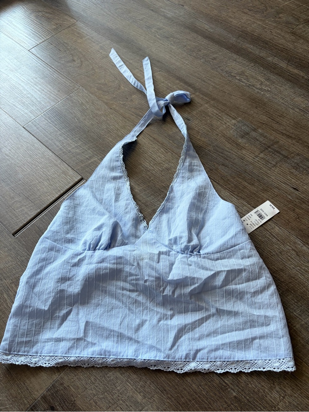Light Blue Halter Top with Lace Trim